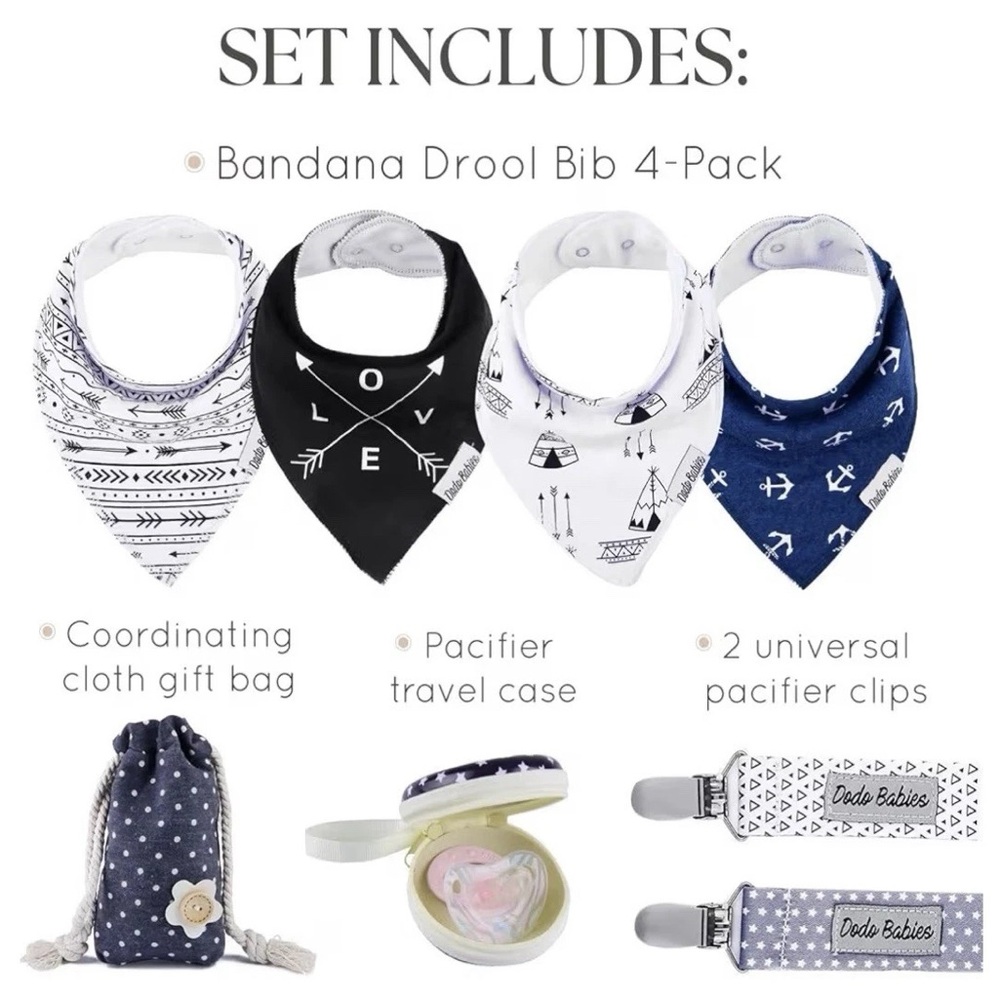 Bandana Baby 4pc Drool Bib Gift & Pacifier Holder Set - Black, White, Navy